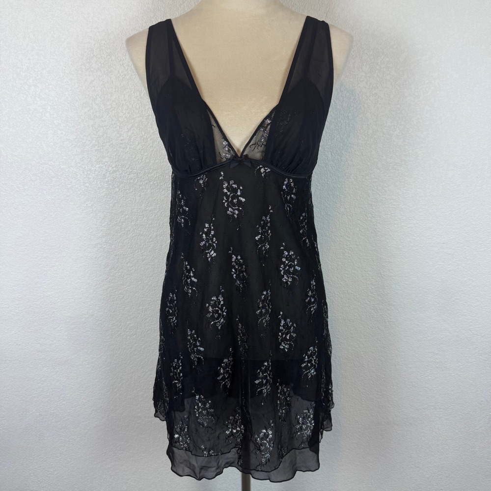 Vintage Cabernet Black Lace‎ Floral Sequin Sheer Babydoll Chemise Mini Dress